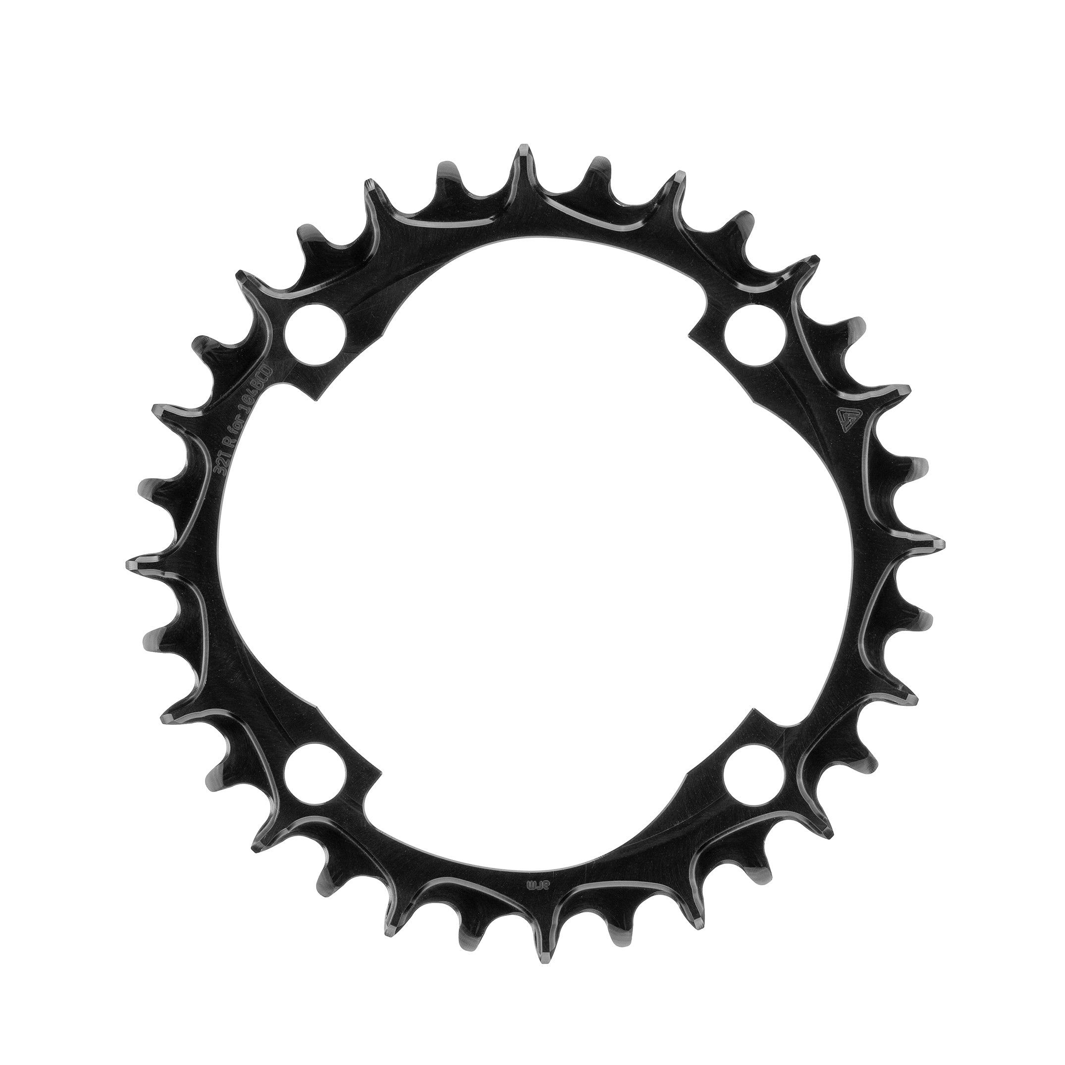 Blue anodized ALUGEAR round MTB chainring, 104 BCD 4-bolt, slot cut-outs, narrow-wide teeth, rear view