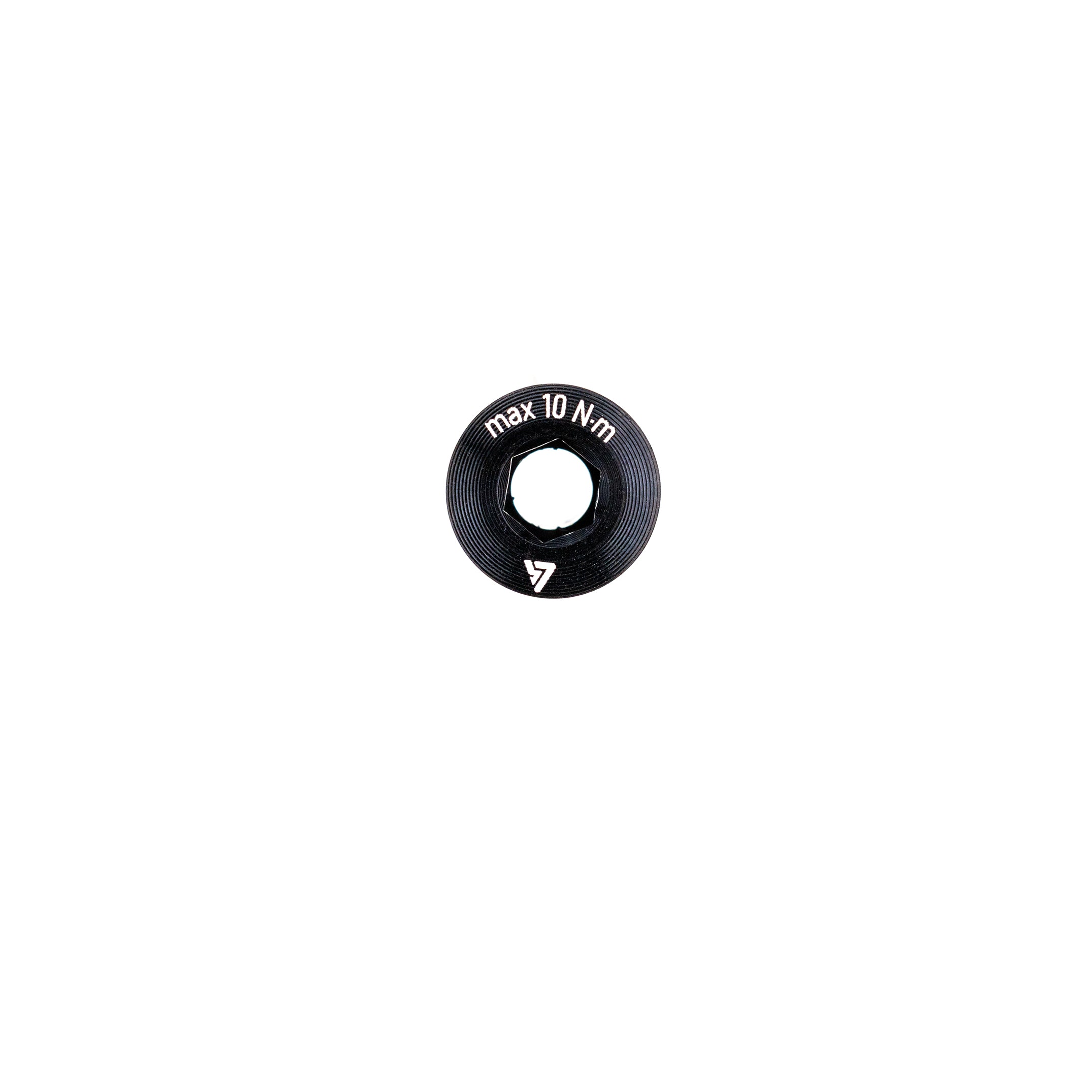 Black anodized ALUGEAR cover bolt spacer ring close-up, max 10 N-m torque marking engraved, hex socket centre