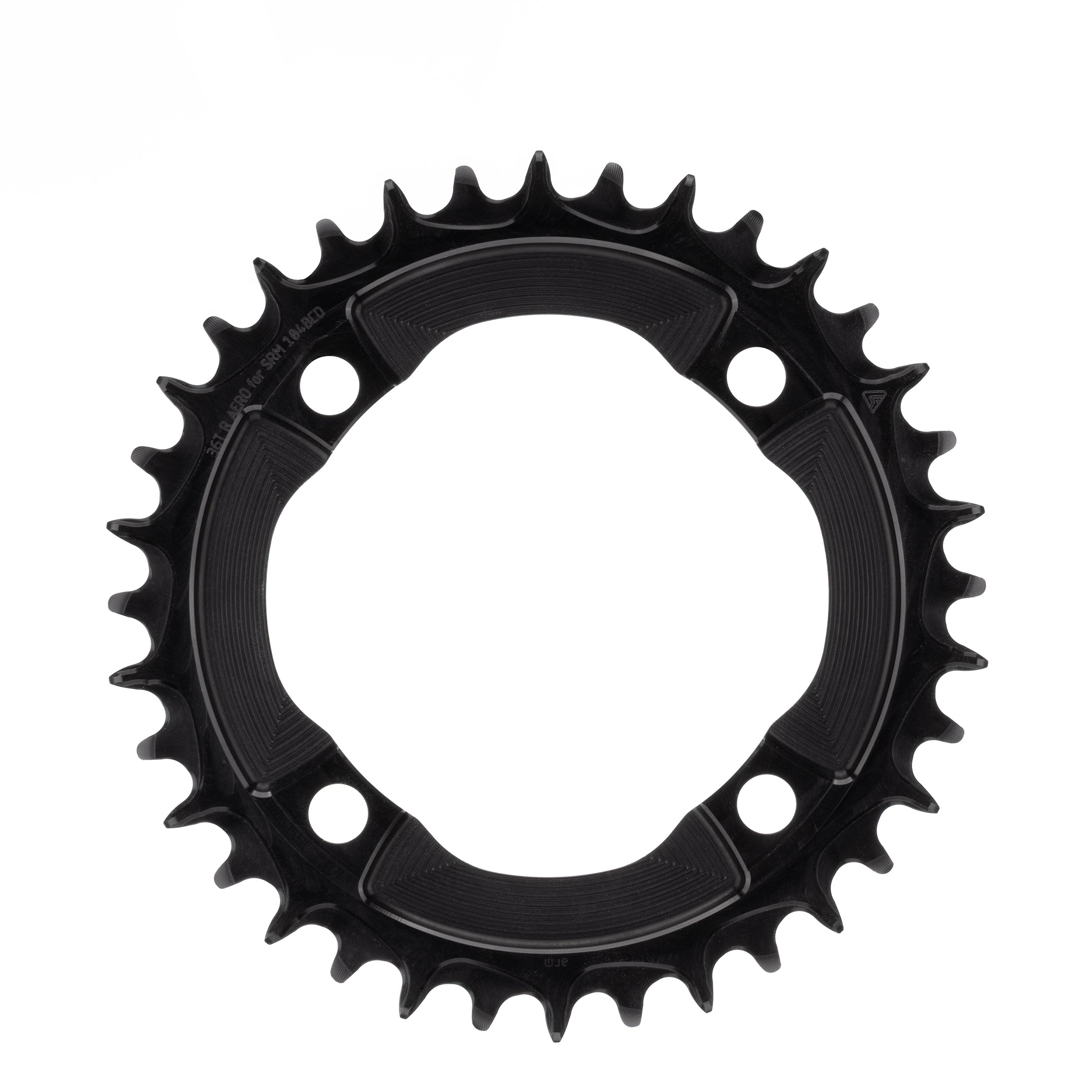 Black round ALUGEAR AERO chainring for SRM power meter, 104 BCD 4-bolt, backside view with engraved specification