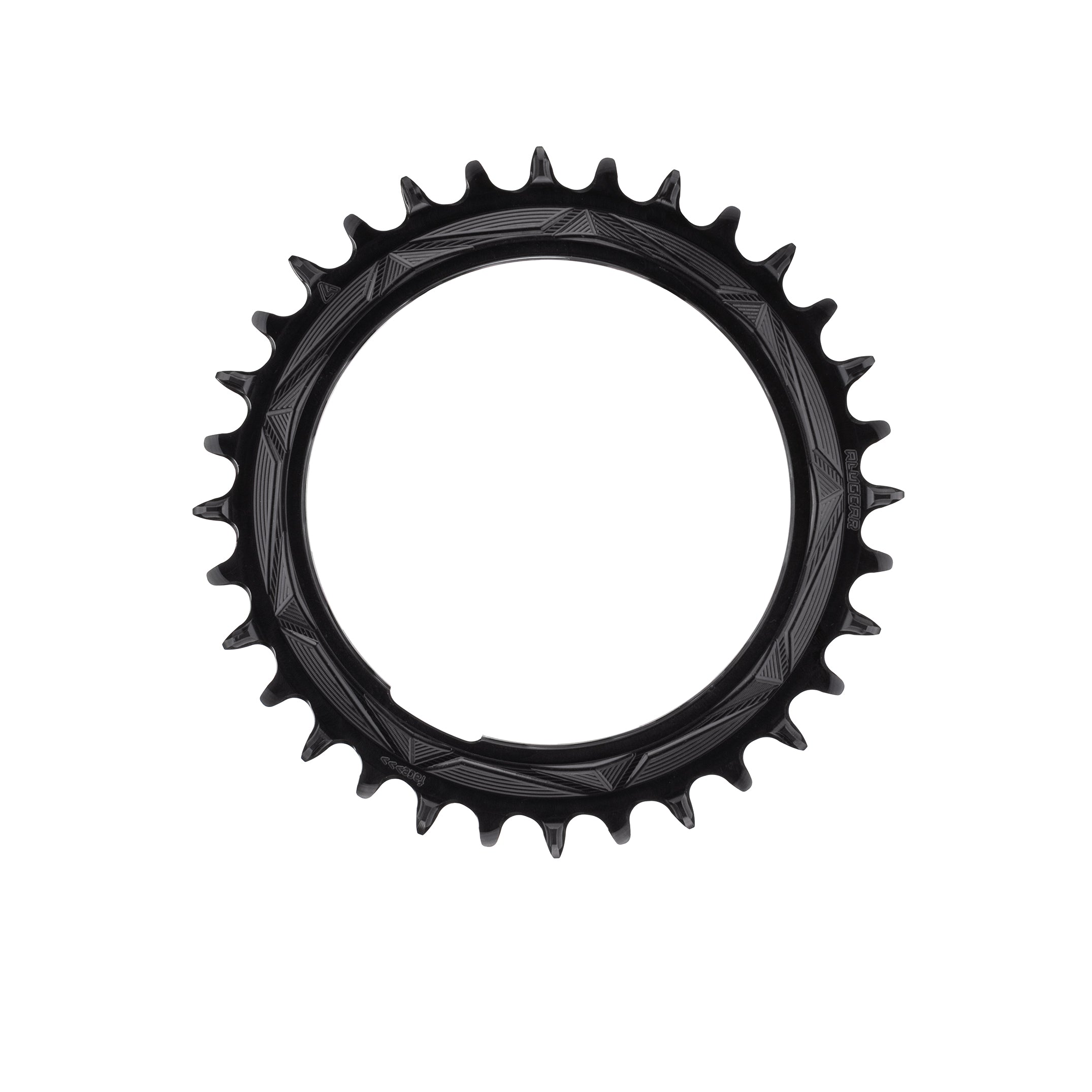 Black ALUGEAR round AERO narrow-wide MTB chainring, 1X thread mount 0mm offset, geometric triangle pattern