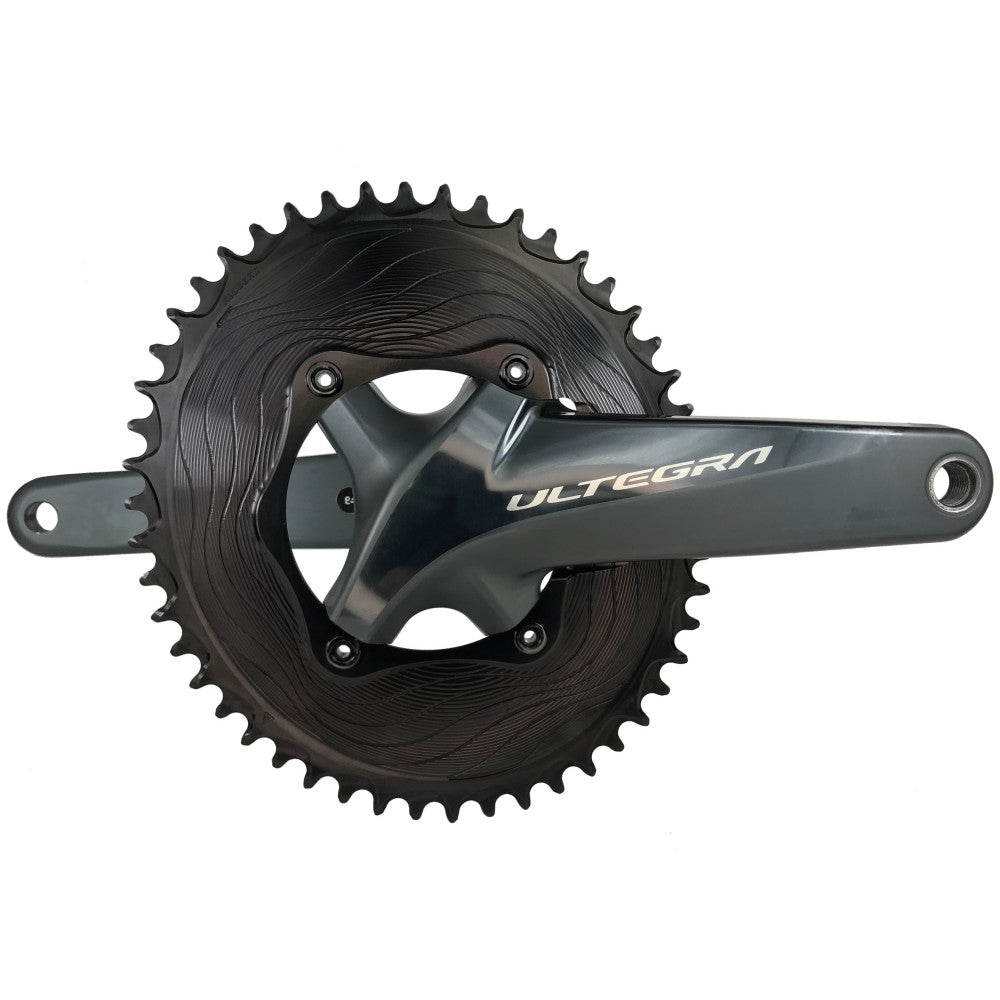 Black oval ALUGEAR AERO road chainring on Shimano Ultegra crank, 110 BCD 4-bolt asymmetric, machined wave finish