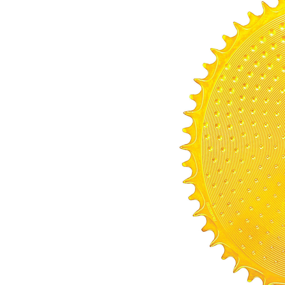 Close-up of gold anodized ALUGEAR round outer road chainring edge with dotted surface, SRAM 8-bolt direct-mount