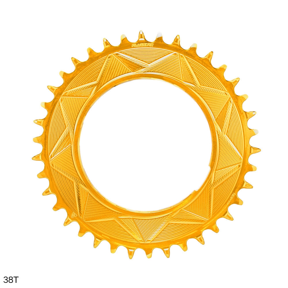Gold anodized ALUGEAR round AERO MTB chainring 38T, thread mount, geometric triangle engraved pattern