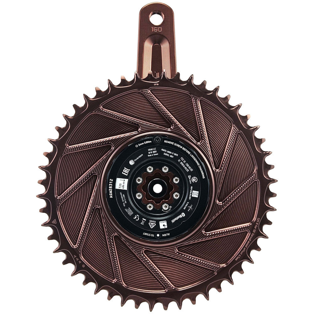 Bronze anodized ALUGEAR round AERO road/gravel 1X chainring on SRAM AXS crank with power meter, backside showing blade pattern