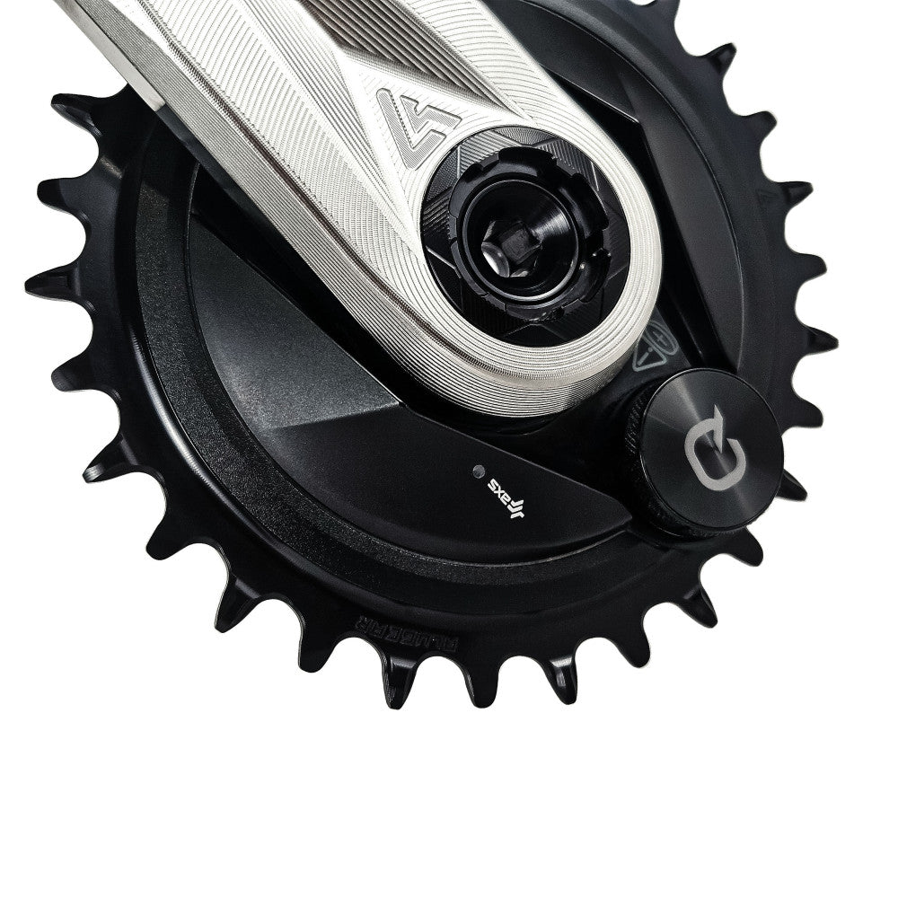 Black ALUGEAR round AERO MTB chainring on SRAM AXS crank, thread mount 3mm offset, close-up tooth and engraving detail