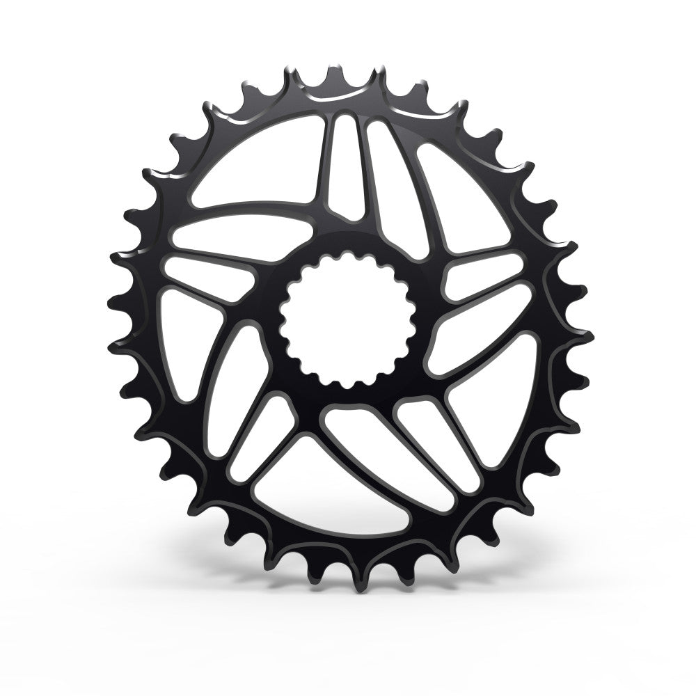 Black round ALUGEAR non-boost MTB chainring, Cannondale Hollowgram direct-mount, open asymmetric spider, front view