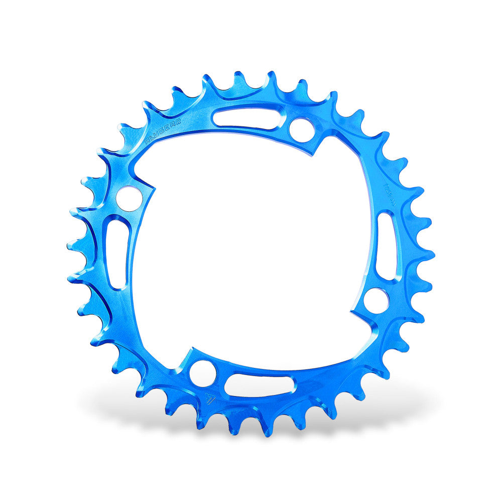 Black round ALUGEAR MTB chainring, 104 BCD 4-bolt symmetric, narrow-wide teeth, front view