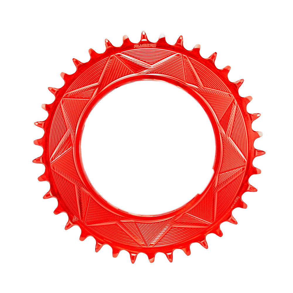 Red anodized ALUGEAR round AERO thread-mount 1X MTB chainring, geometric triangle pattern, narrow-wide teeth