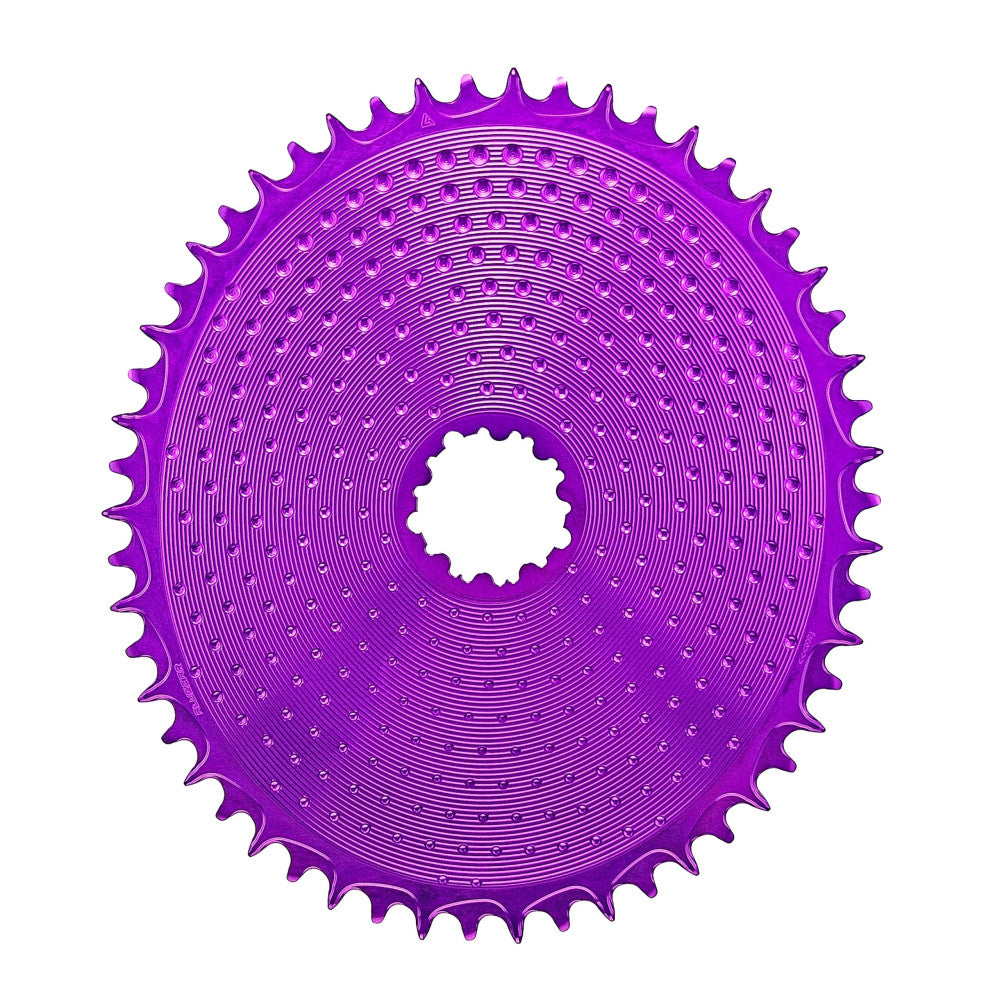 Purple anodized oval ALUGEAR AERO Golf Ball 1X chainring, SRAM 3-bolt direct-mount, narrow-wide teeth, dimpled surface