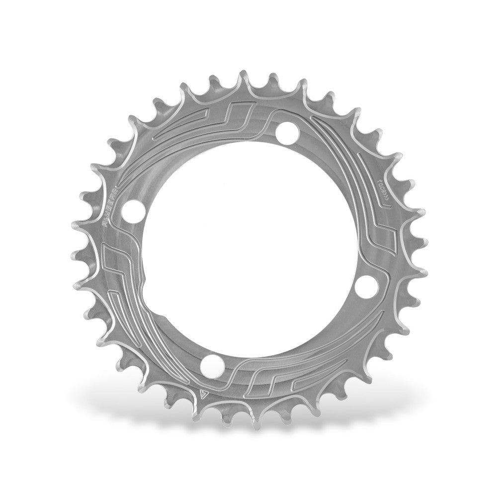 Silver natural-finish ALUGEAR round AERO MTB chainring, 104 BCD 4-bolt, wave-pattern disc body, angled front view