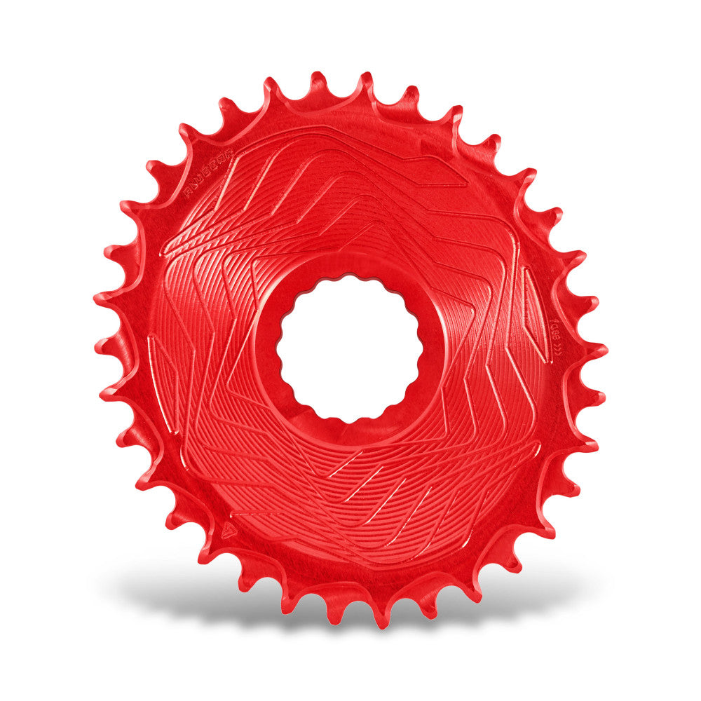Red anodized ALUGEAR round Boost AERO MTB chainring, Race Face Cinch direct-mount, wave disc body, narrow-wide teeth