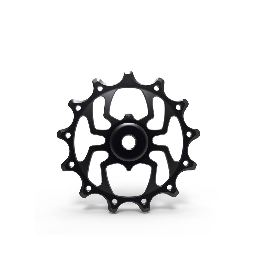 Pojedyncza czarna anodowana rolka tylnej przerzutki MTB ALUGEAR w stylu pająka, 13T, Shimano 12-rzędowy, widok z przodu