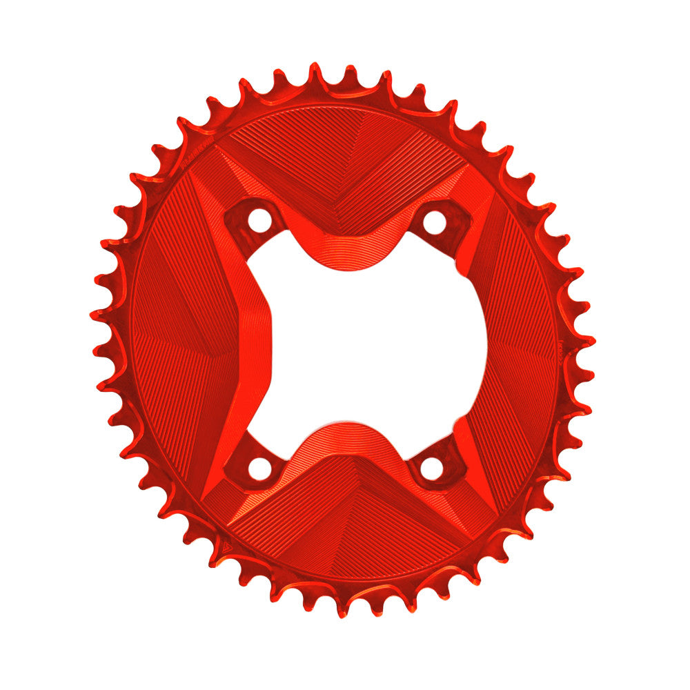 Red anodized round ALUGEAR 1X AERO chainring for Shimano GRX, asymmetric 4-bolt mount, front view