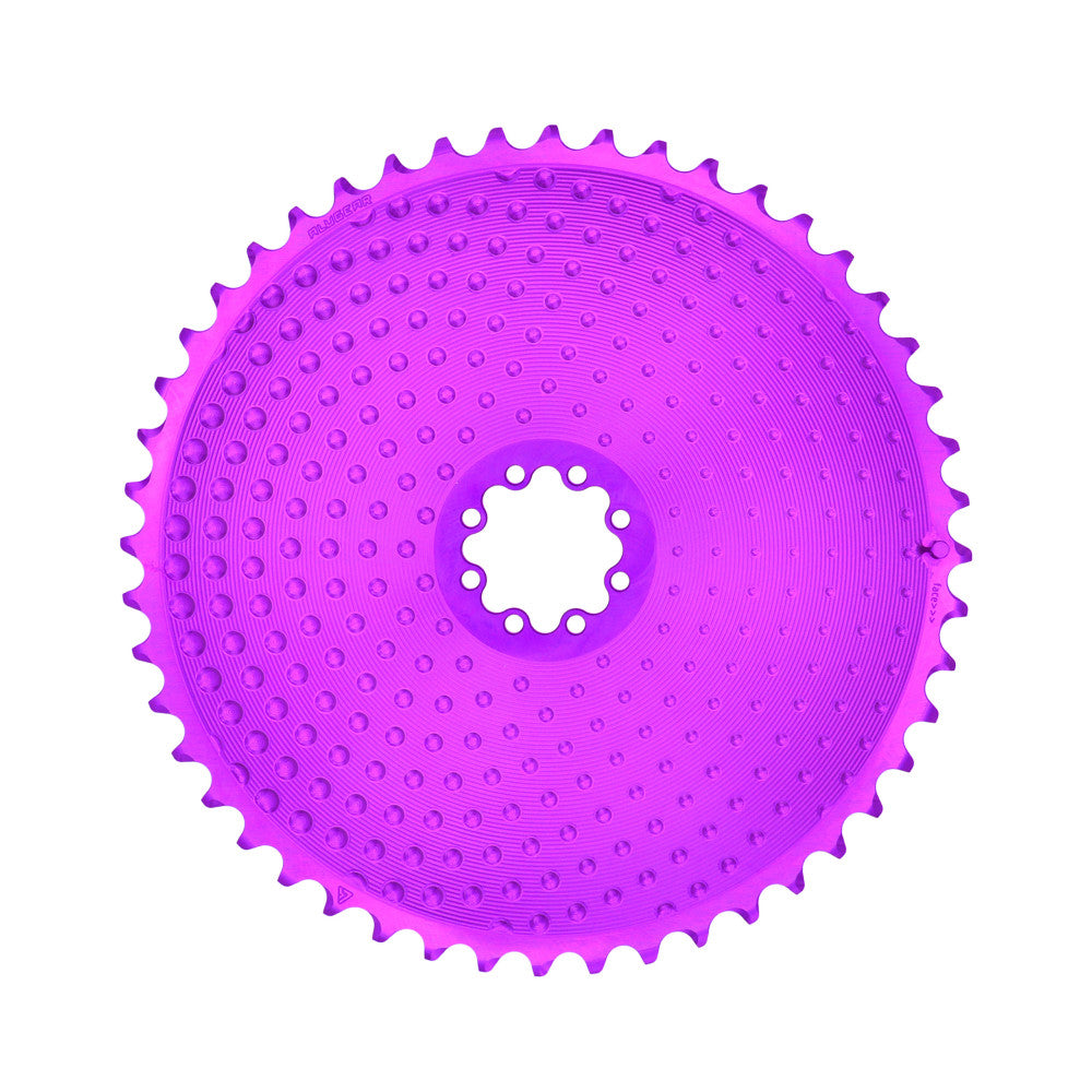 Purple anodized ALUGEAR round road chainring, SRAM 8-bolt direct-mount, dotted surface texture, full face view