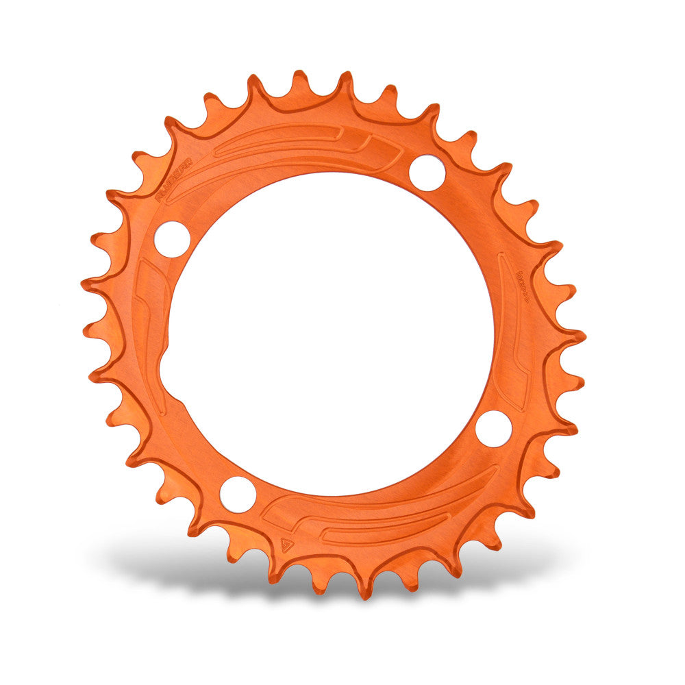 Orange anodized oval ALUGEAR AERO MTB chainring, 104 BCD 4-bolt, smooth disc body with contour lines, narrow-wide teeth