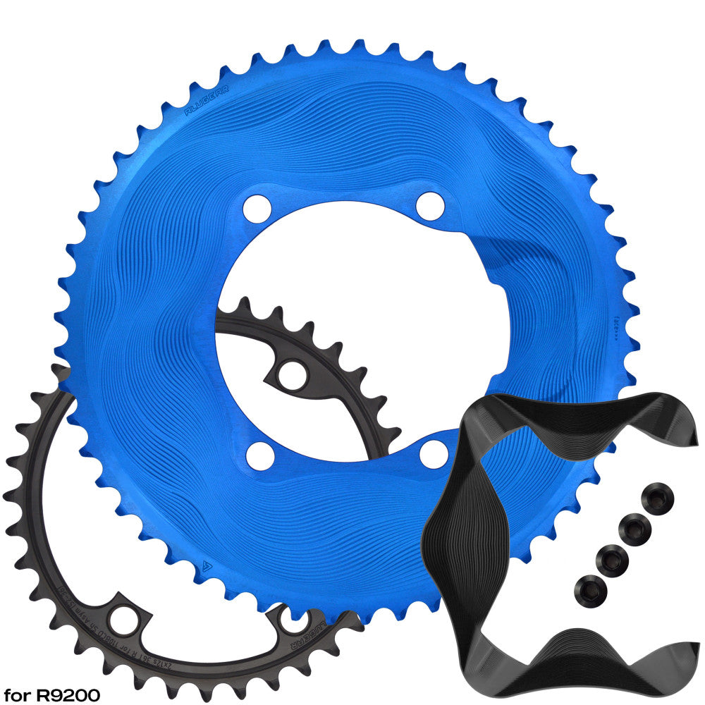 Blue ALUGEAR AERO outer and black inner 2X road chainring upgrade kit for Shimano Dura-Ace R9200, with cover and bolts