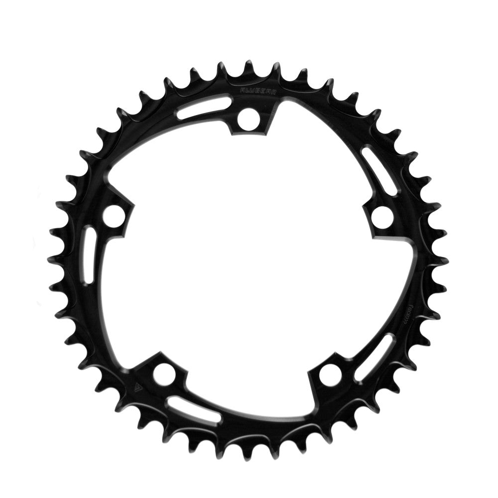 Black round ALUGEAR road chainring with slot-cut spider, 130 BCD 5-bolt, 1X narrow-wide teeth, front view