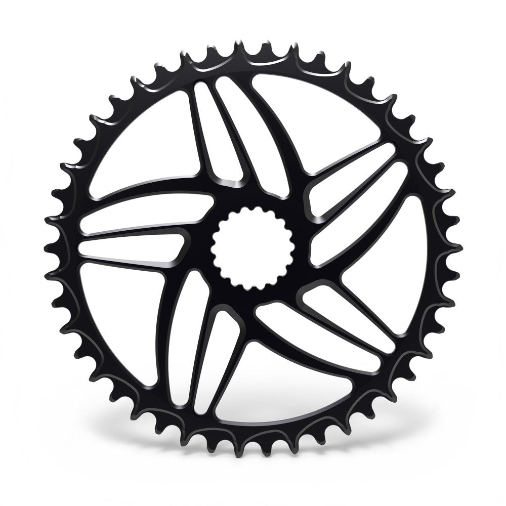 Black round ALUGEAR 1X road/gravel chainring, Cannondale Hollowgram direct-mount, large open triangular spider