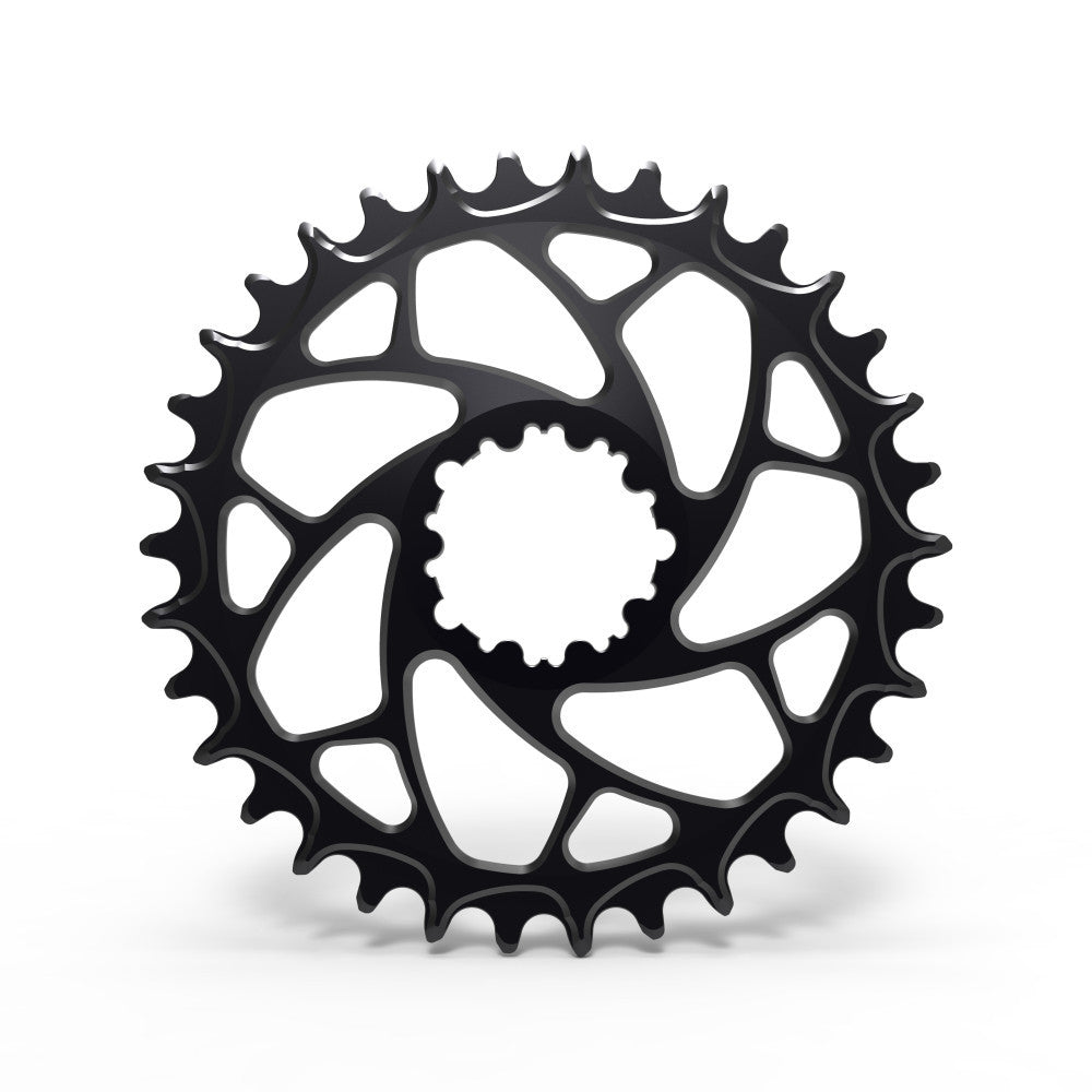 Czarna okrągła zębatka ALUGEAR MTB Fatbike z dużymi wycięciami ażurowego pająka, SRAM direct-mount na 3 śruby, zęby narrow-wide
