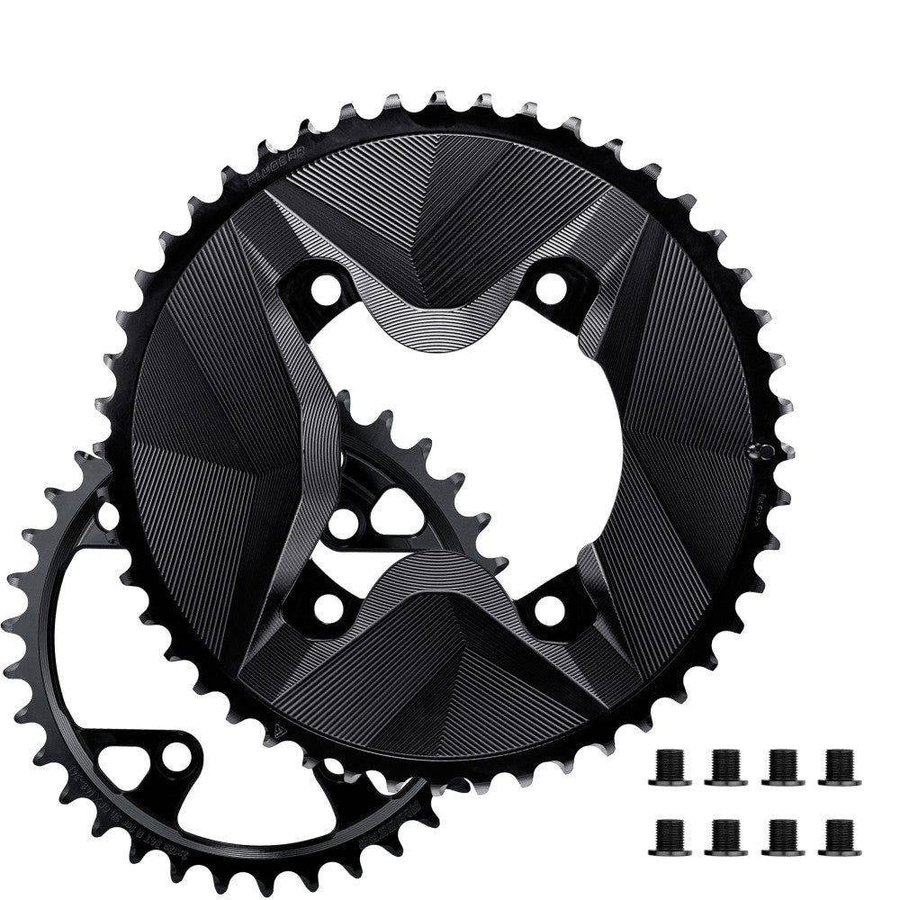 Black ALUGEAR 2x round AERO chainring set for Shimano GRX, outer and inner rings plus 8 chainring bolts