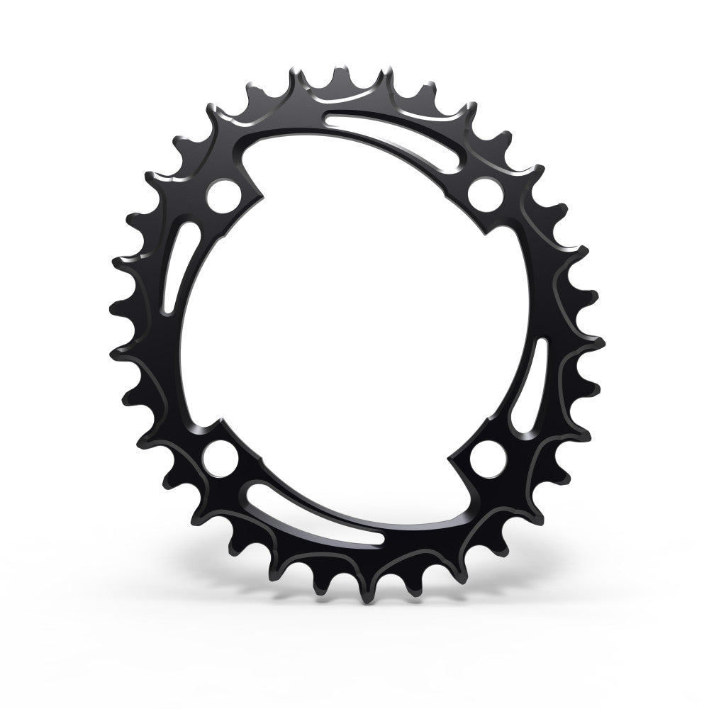 Black oval ALUGEAR road/gravel chainring, 104 BCD 4-bolt, curved spoke cut-outs, narrow-wide teeth