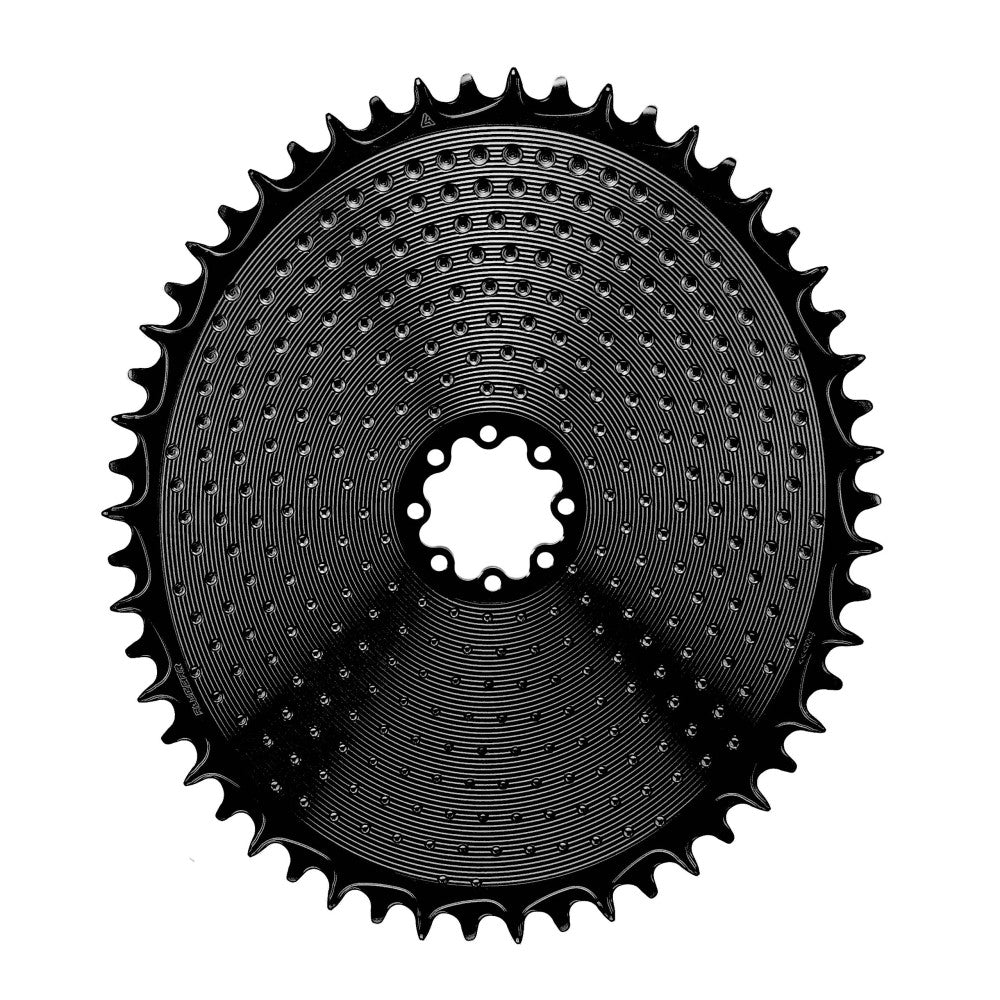 Black oval ALUGEAR AERO Golf Ball 1X chainring, SRAM 8-bolt direct-mount, narrow-wide teeth, dimpled surface
