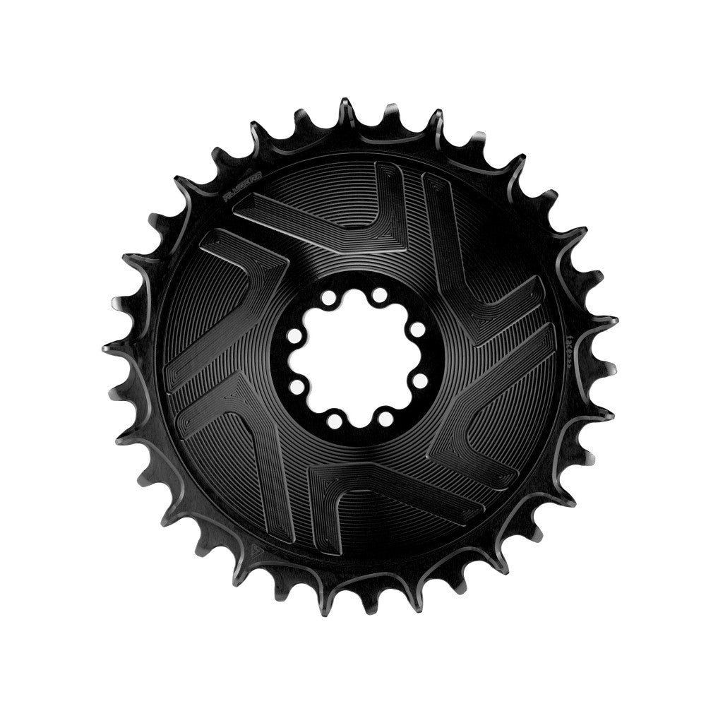 Black round ALUGEAR Boost AERO MTB chainring, SRAM 8-bolt direct-mount T-Type, narrow-wide teeth
