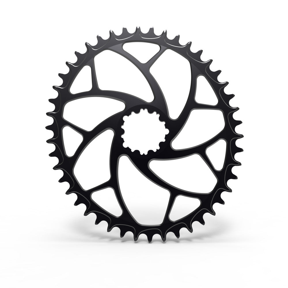 Black ALUGEAR oval 1X road/gravel chainring with large-diameter 5-arm cut-out spider, SRAM 3-bolt direct-mount