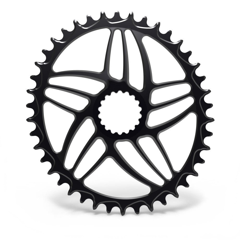 Black oval ALUGEAR 1X road/gravel chainring, Cannondale Hollowgram direct-mount, open triangular spider, narrow-wide teeth
