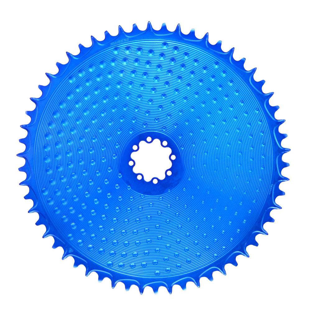 Blue anodized ALUGEAR round AERO Golf Ball 1X chainring, SRAM 8-bolt direct-mount, narrow-wide teeth, dimpled surface