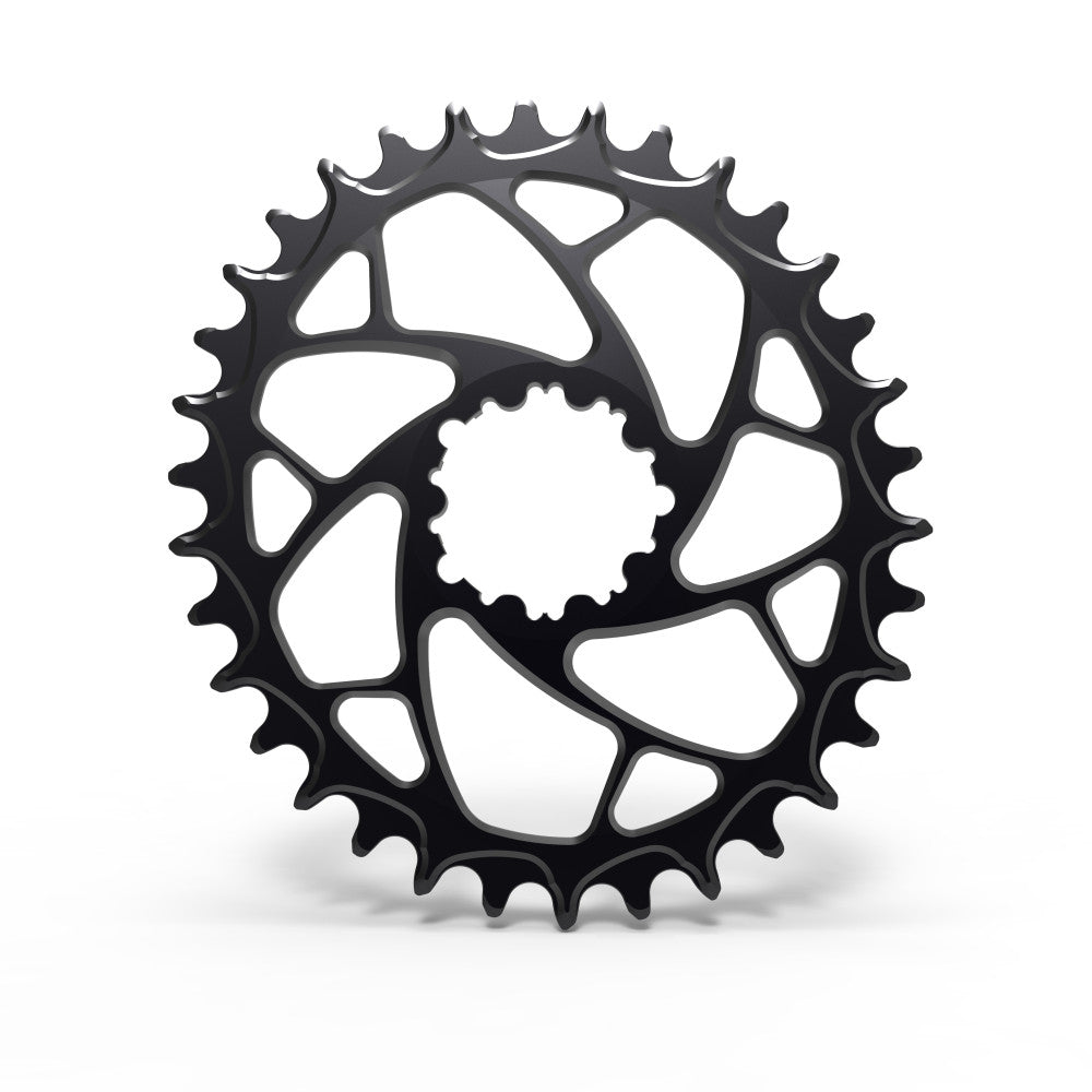 Black ALUGEAR round narrow-wide MTB chainring with spiral cut-out spider, SRAM 3-bolt direct-mount SuperBoost