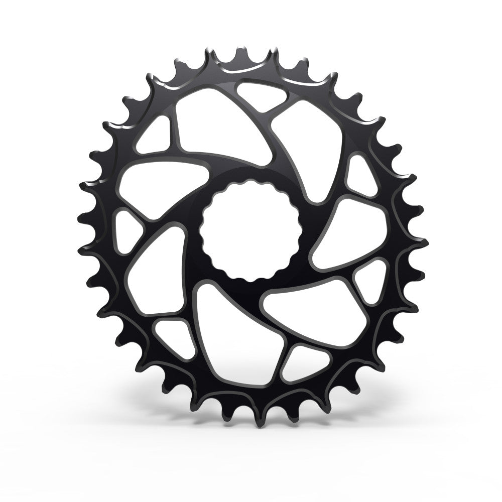 Czarna okrągła zębatka narrow-wide MTB ALUGEAR z pająkiem o spiralnych wycięciach, Race Face Cinch direct-mount Boost