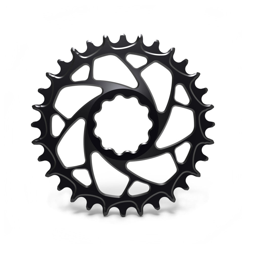 Black ALUGEAR round narrow-wide MTB chainring with spiral cut-out spider, Rotor Rex direct-mount Boost