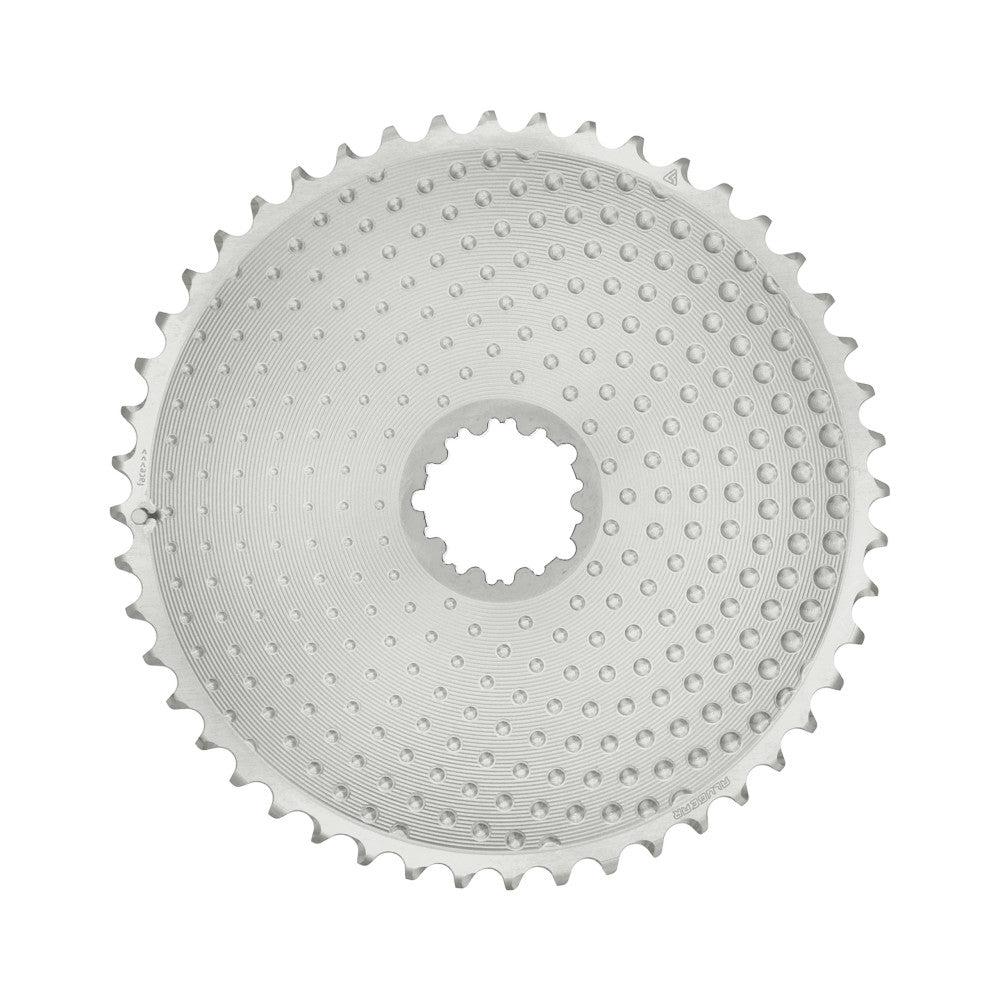 Silver natural ALUGEAR round 2x outer road chainring with dotted surface, SRAM 8-bolt direct-mount interface