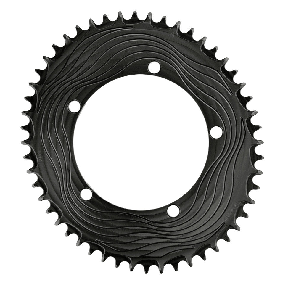 Black oval AERO ALUGEAR road chainring with wave-pattern disc body, 130 BCD 5-bolt, 1X narrow-wide teeth, front view