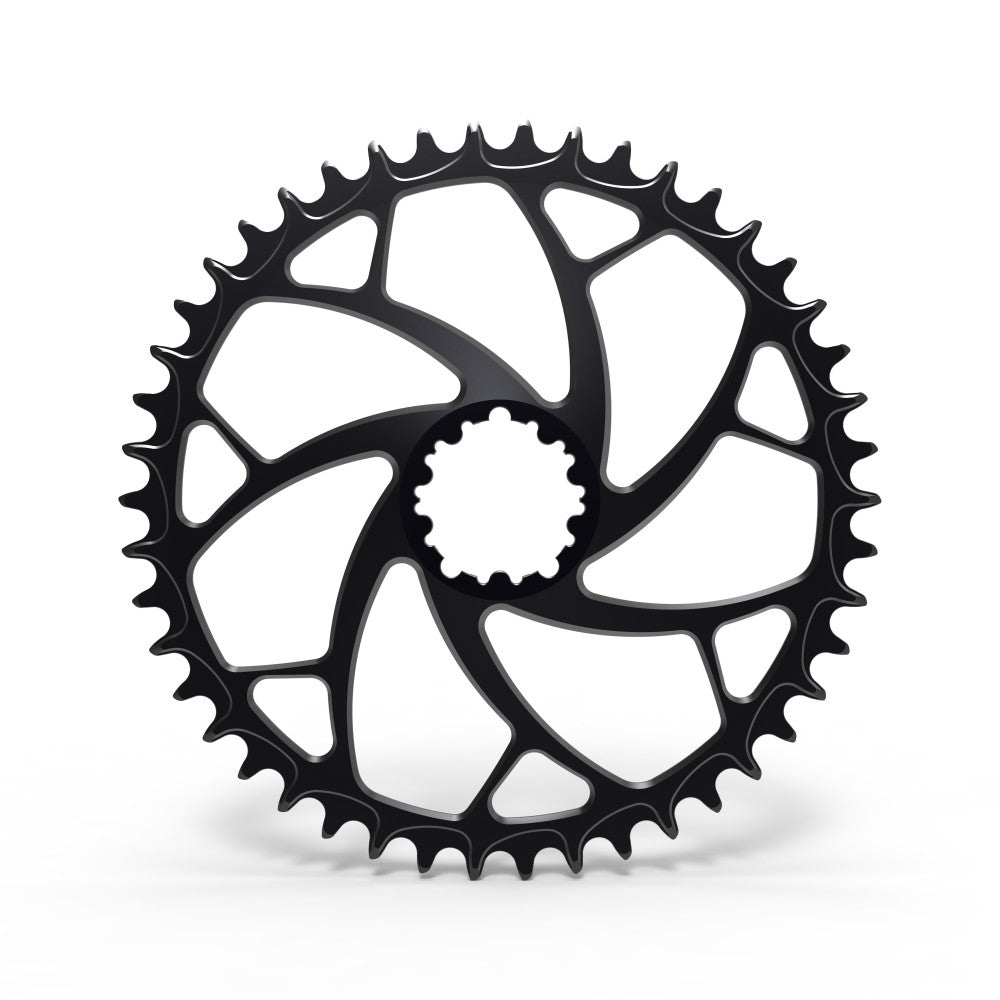 Black ALUGEAR round 1X road/gravel chainring with large-diameter 5-arm cut-out spider, SRAM 3-bolt direct-mount
