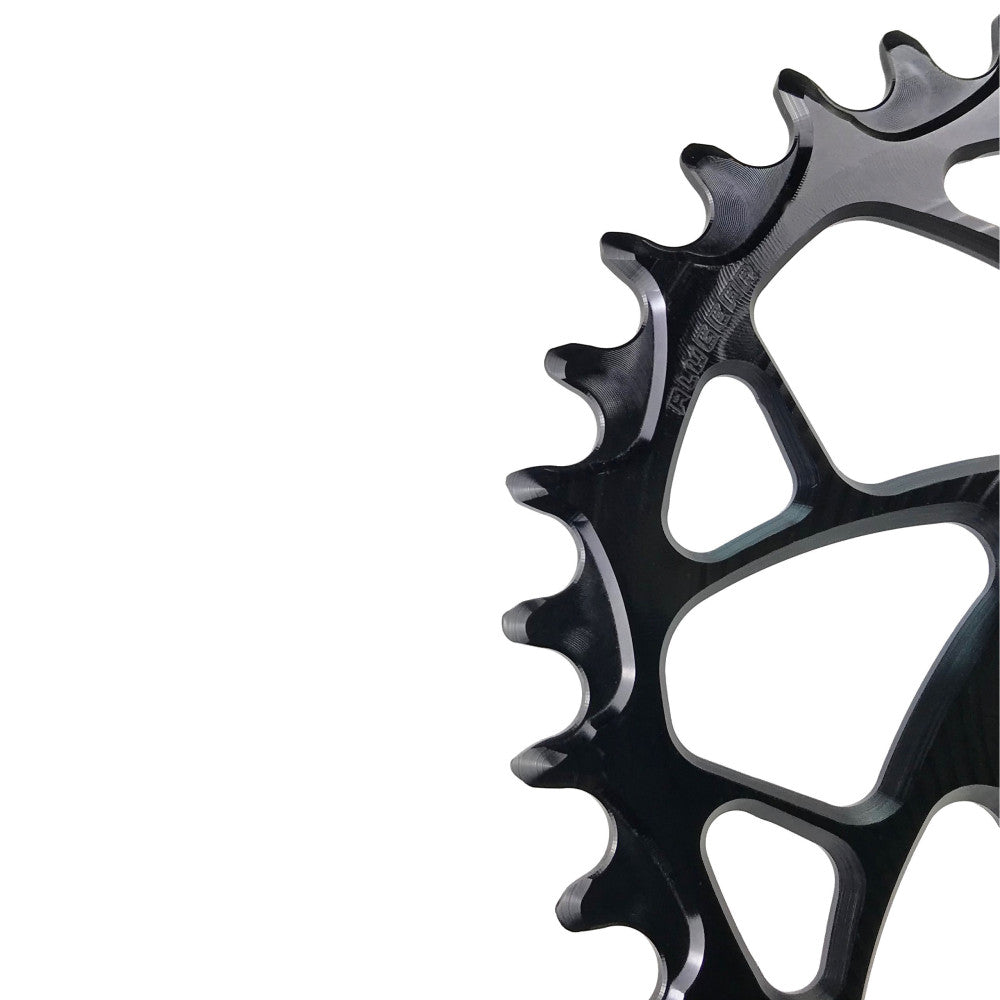 Black anodized ALUGEAR round narrow-wide MTB chainring close-up showing teeth detail, SRAM 3-bolt direct-mount
