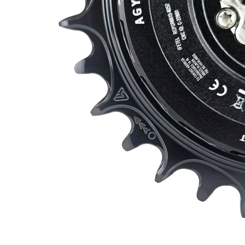 Black ALUGEAR round AERO MTB chainring on SRAM AXS power meter crank, thread mount, close-up partial view
