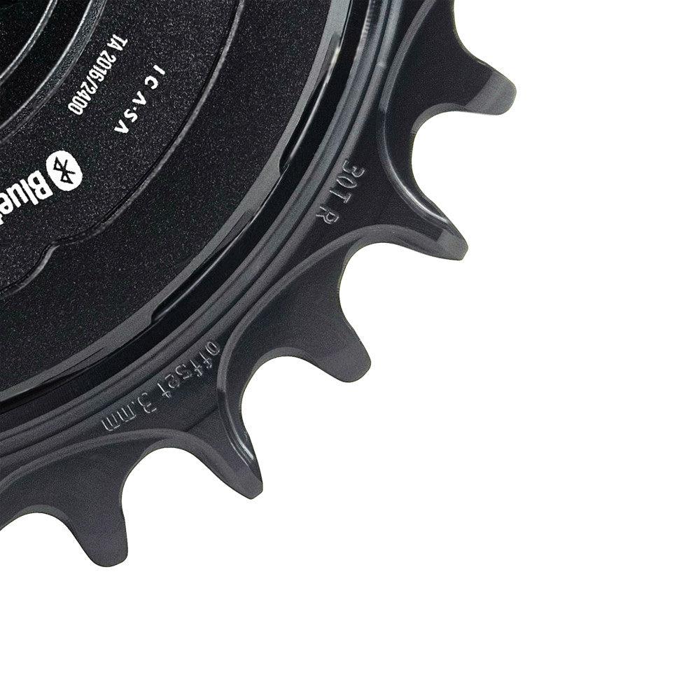 Black ALUGEAR round AERO MTB chainring 30T on SRAM AXS crank, thread mount 3mm offset, detail showing engraved markings