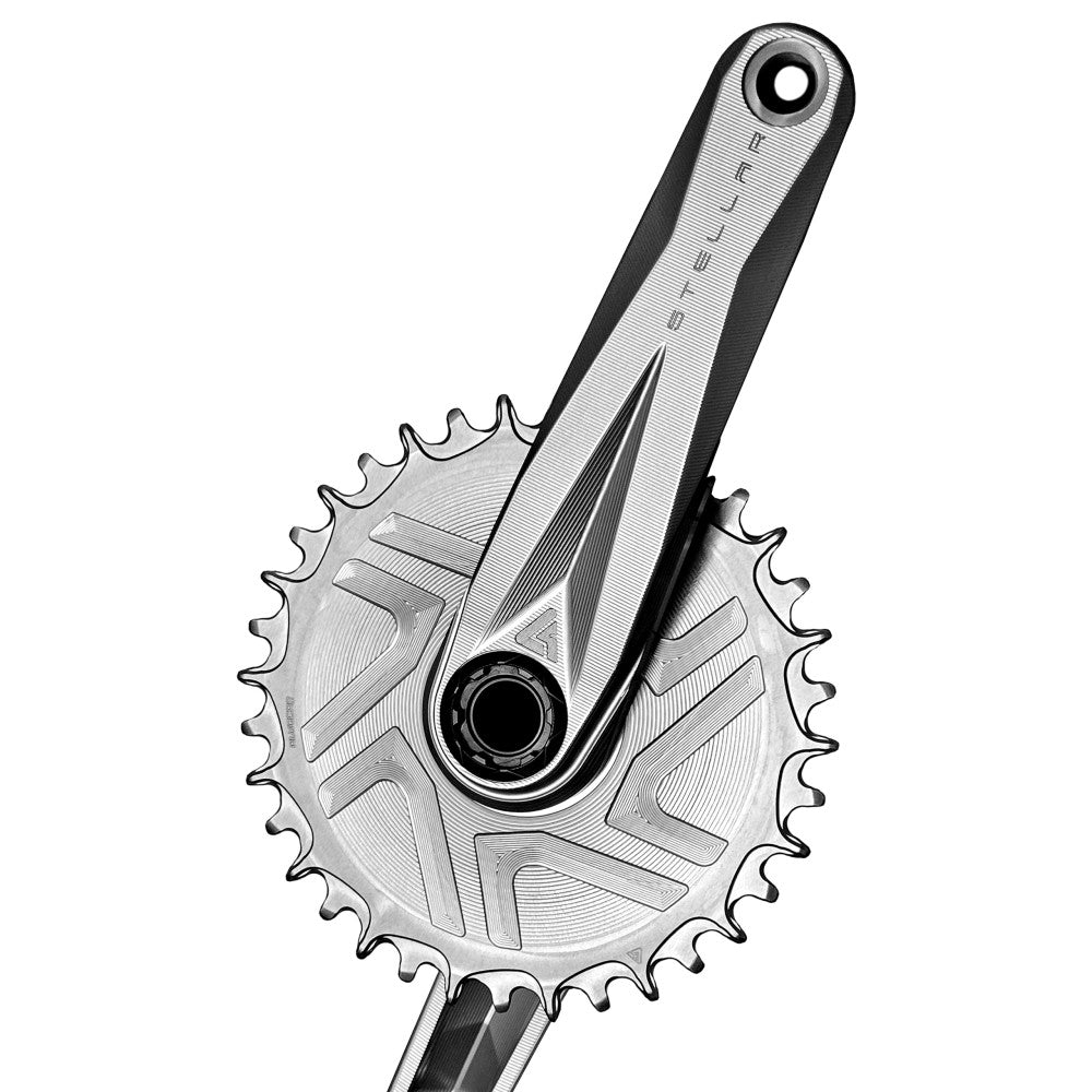 Silver ALUGEAR Stellar AL MTB crankset with round direct-mount narrow-wide chainring, product studio shot