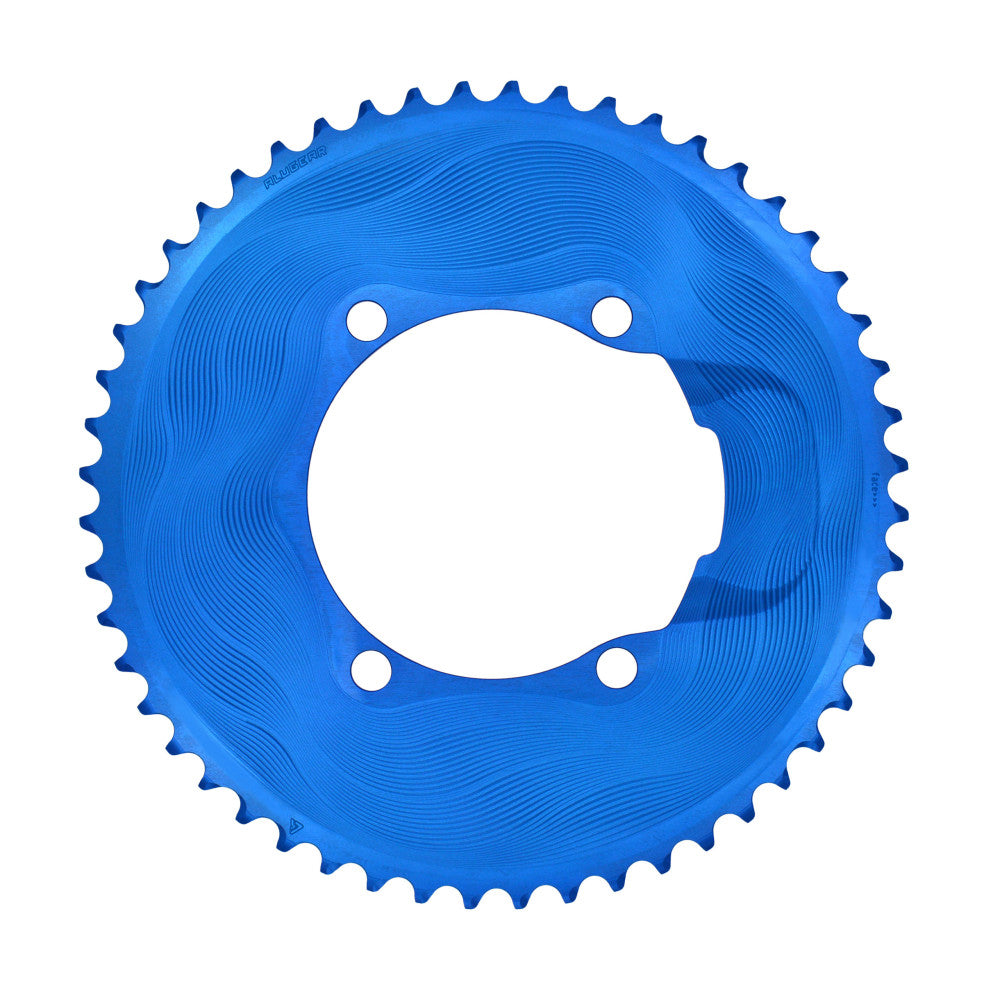 Blue anodized ALUGEAR round road outer chainring, 110 BCD 4-bolt Shimano asymmetric, wave pattern