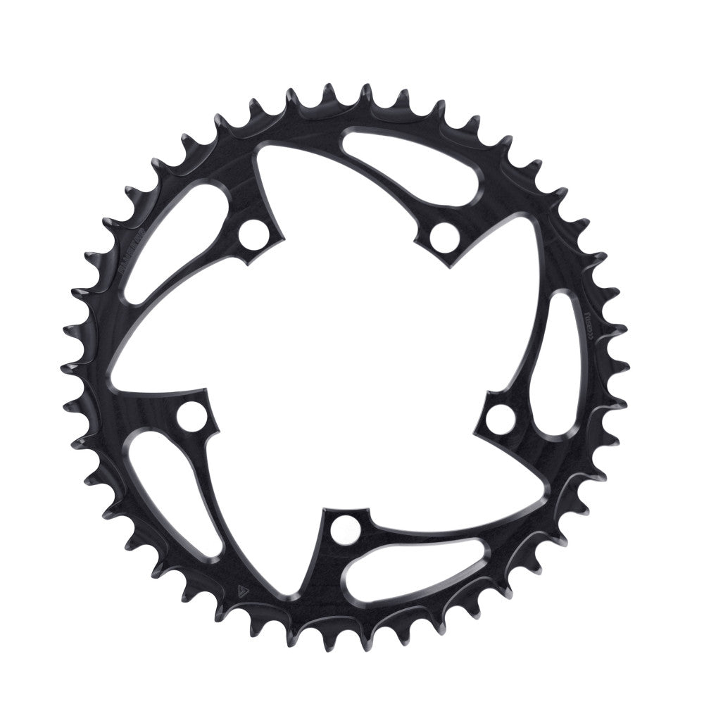 Black round ALUGEAR road/gravel chainring, 110 BCD 5-bolt, star cut-out spider, angled side view