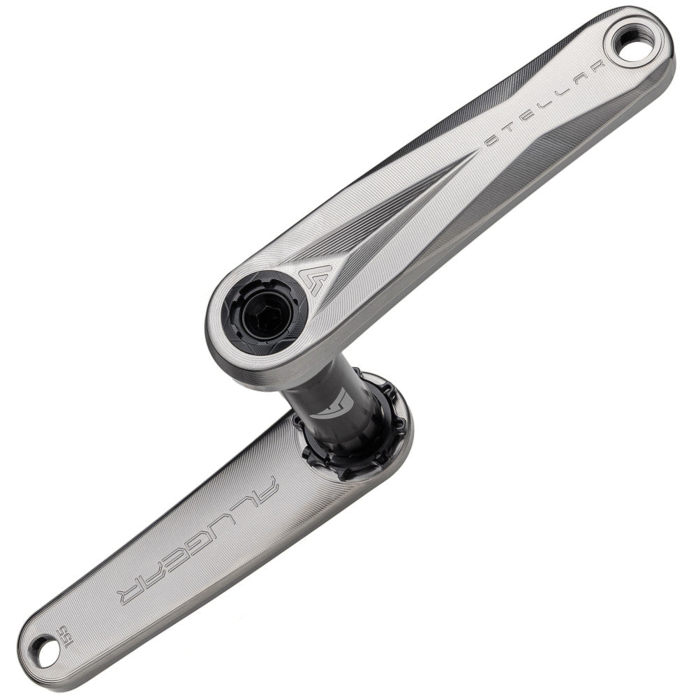 Pair of titanium ALUGEAR Stellar Ti MTB crank arms with DUB spindle, angled three-quarter view