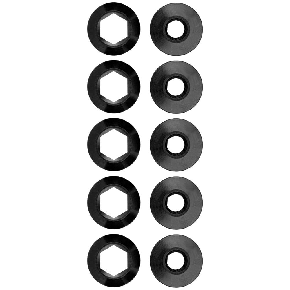 Black anodized chainring bolt and nut set 5 pairs, flat cap style, top-down view