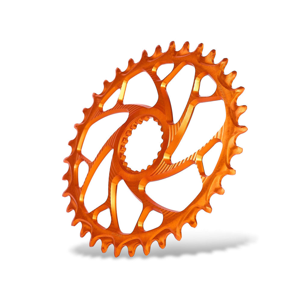 Orange anodized ALUGEAR round narrow-wide MTB chainring angled view, Shimano direct-mount 12-speed Boost