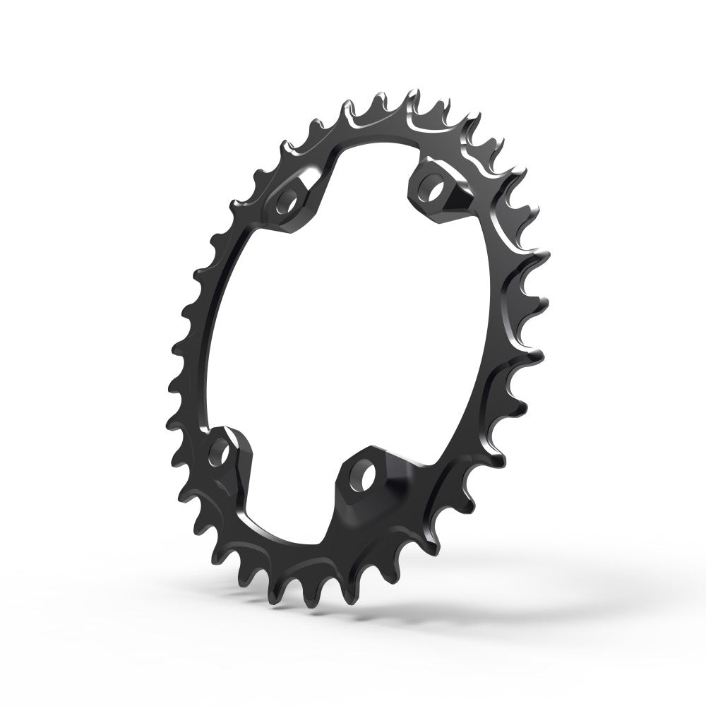 Black oval ALUGEAR MTB chainring, 96 BCD 4-bolt Shimano asymmetric, narrow-wide teeth, angled view
