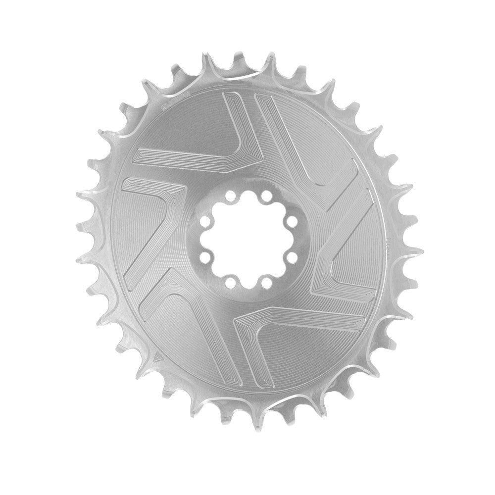 Silver natural oval ALUGEAR Boost AERO MTB chainring, SRAM 8-bolt direct-mount T-Type, narrow-wide teeth
