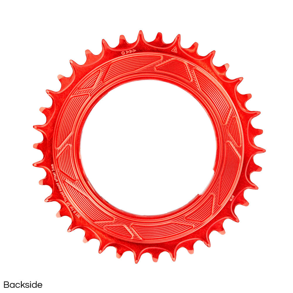Red anodized ALUGEAR round AERO thread-mount 1X MTB chainring backside, geometric pattern reverse, narrow-wide teeth