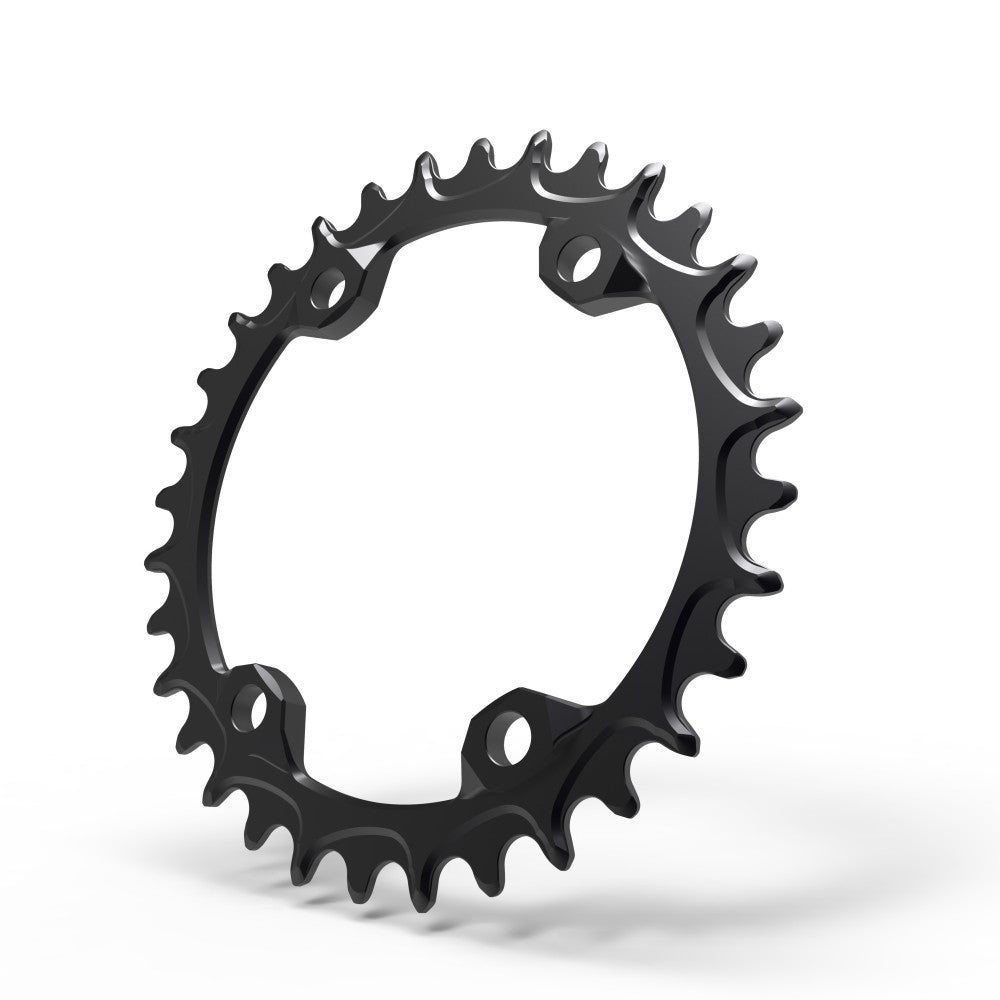 Black round ALUGEAR MTB chainring, 96 BCD 4-bolt Shimano asymmetric, narrow-wide teeth, angled view