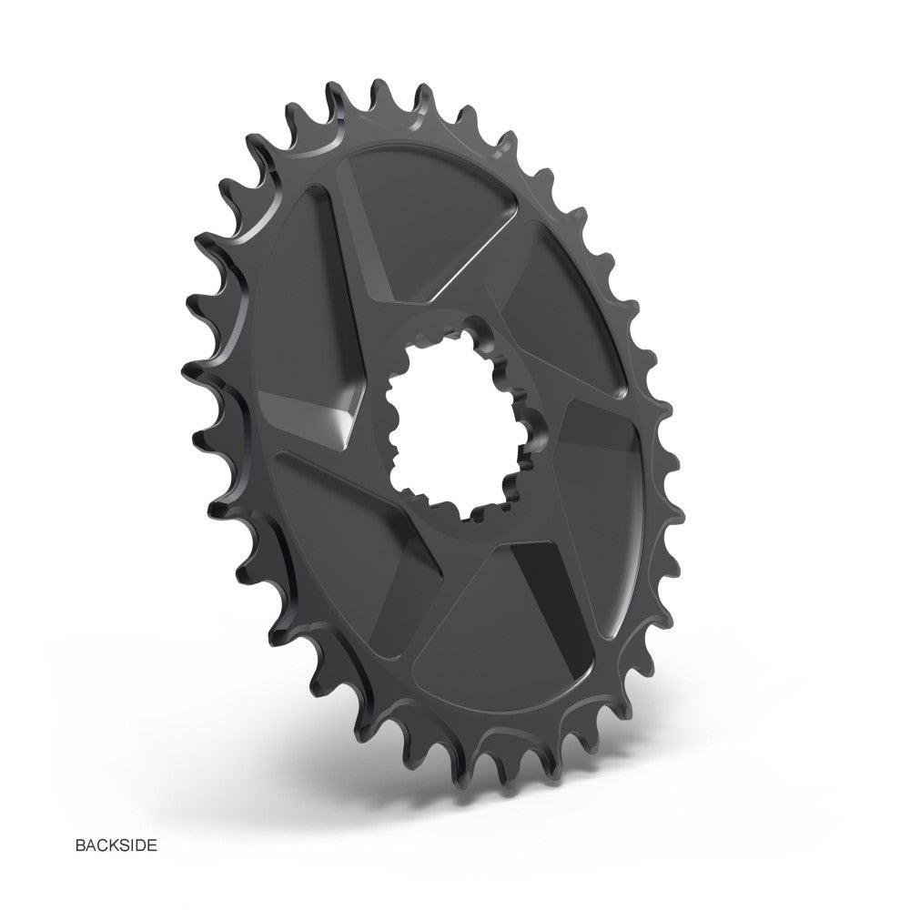 Black ALUGEAR round Boost MTB chainring backside, SRAM 3-bolt direct-mount, angular open-spider cutouts